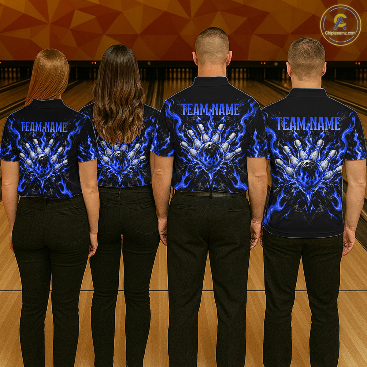 Personalized Blue Grim Reaper Flaming Bowling Ball Polo Shirt, Flaming Skull Bowling Team Jersey Women NHT1528