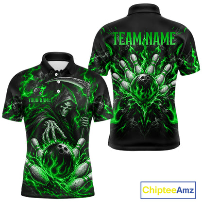 Personalized Green Grim Reaper Flaming Bowling Ball Polo Shirt, Flaming Skull Bowling Team Jersey Men NHT1529