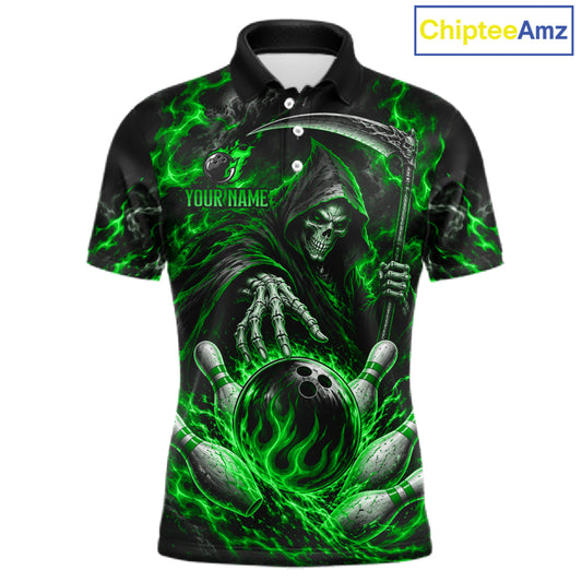 Personalized Green Grim Reaper Flaming Bowling Ball Polo Shirt, Flaming Skull Bowling Team Jersey Men NHT1529