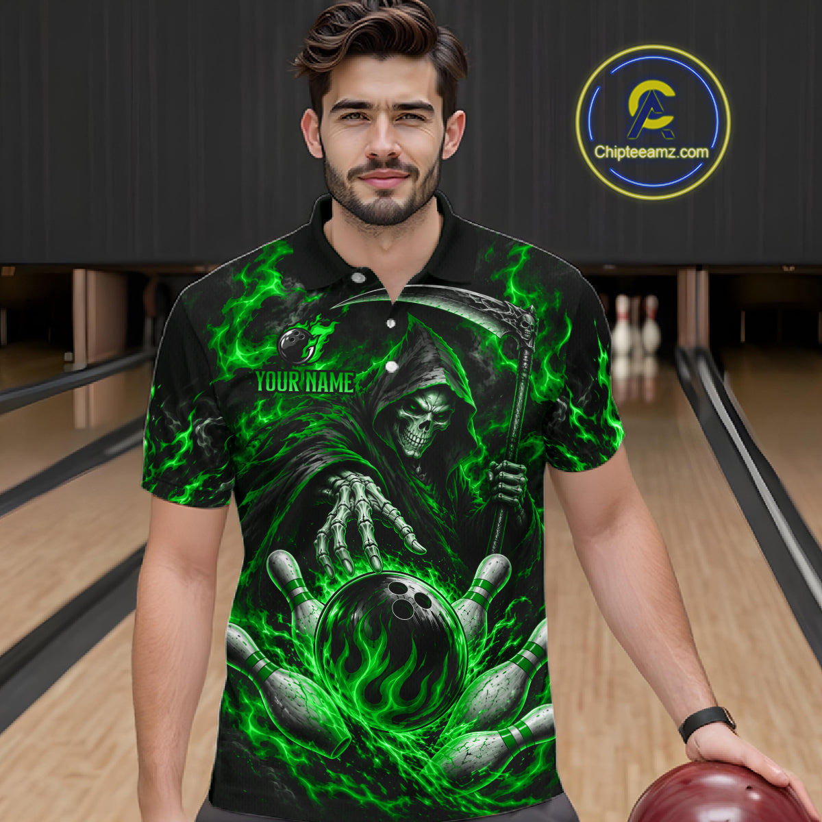 Personalized Green Grim Reaper Flaming Bowling Ball Polo Shirt, Flaming Skull Bowling Team Jersey Men NHT1529