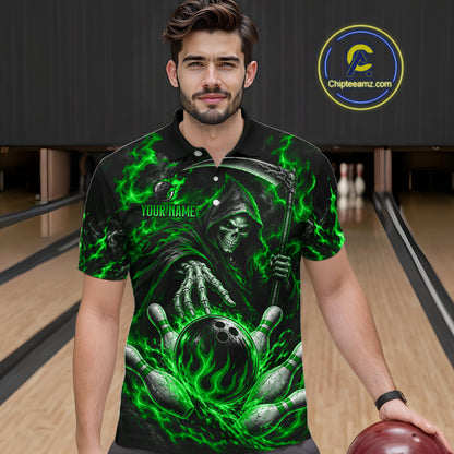 Personalized Green Grim Reaper Flaming Bowling Ball Polo Shirt, Flaming Skull Bowling Team Jersey Men NHT1529