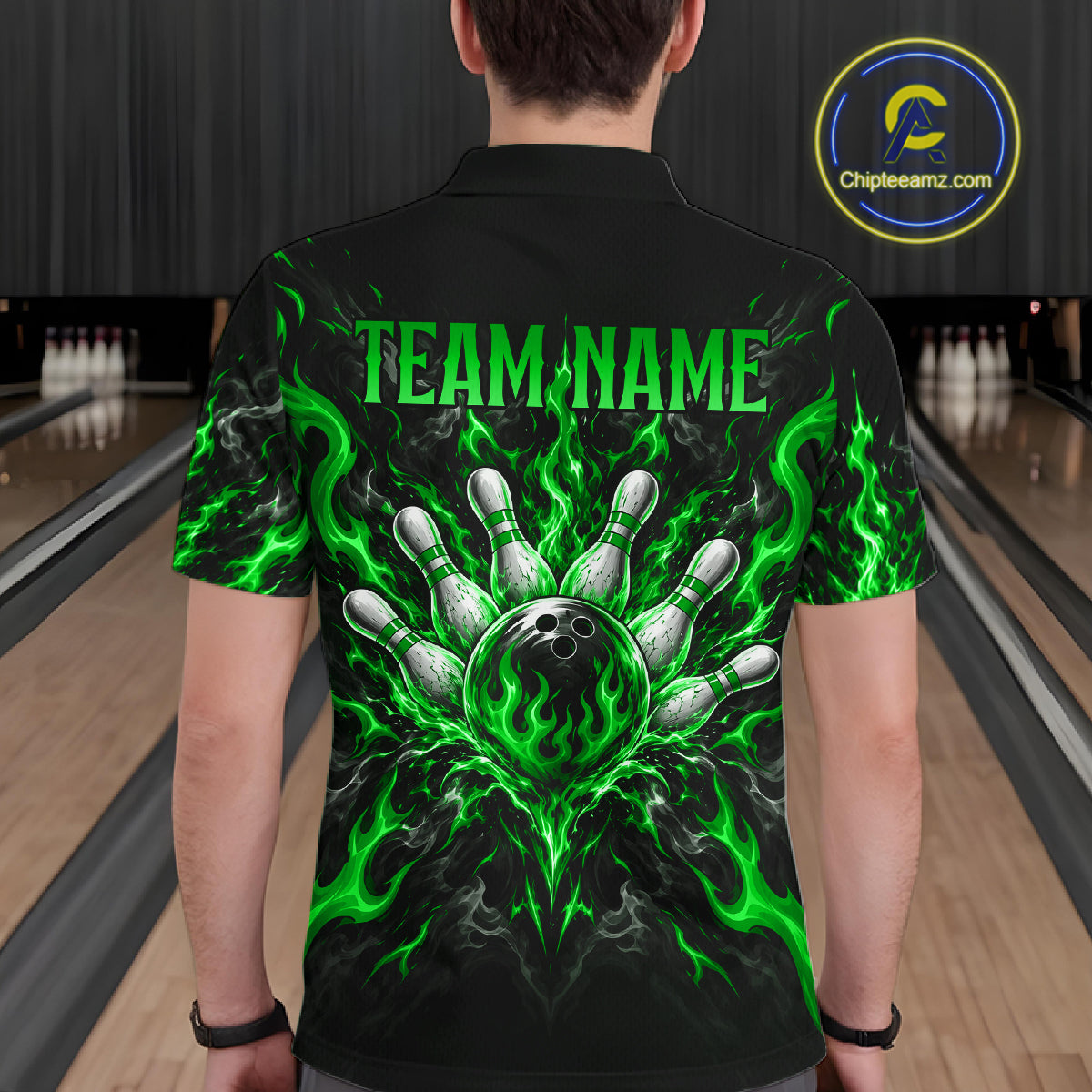 Personalized Green Grim Reaper Flaming Bowling Ball Polo Shirt, Flaming Skull Bowling Team Jersey Men NHT1529