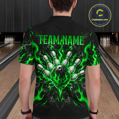 Personalized Green Grim Reaper Flaming Bowling Ball Polo Shirt, Flaming Skull Bowling Team Jersey Men NHT1529