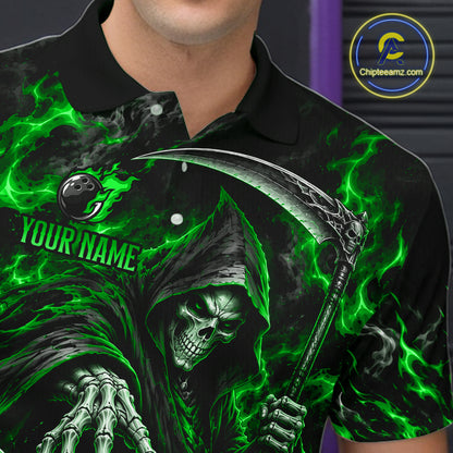 Personalized Green Grim Reaper Flaming Bowling Ball Polo Shirt, Flaming Skull Bowling Team Jersey Men NHT1529