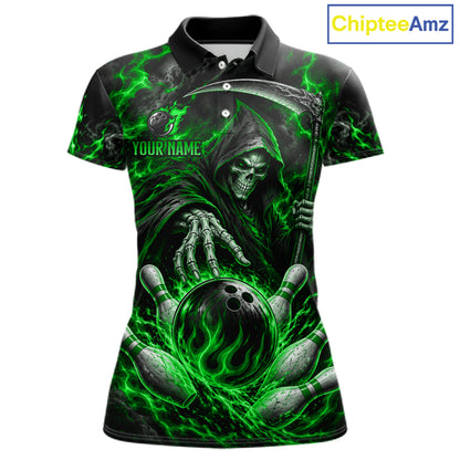 Personalized Green Grim Reaper Flaming Bowling Ball Polo Shirt, Flaming Skull Bowling Team Jersey Women NHT1529