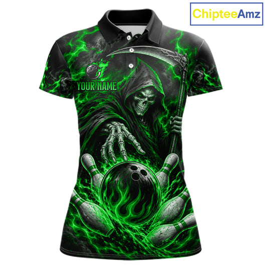 Personalized Green Grim Reaper Flaming Bowling Ball Polo Shirt, Flaming Skull Bowling Team Jersey Women NHT1529