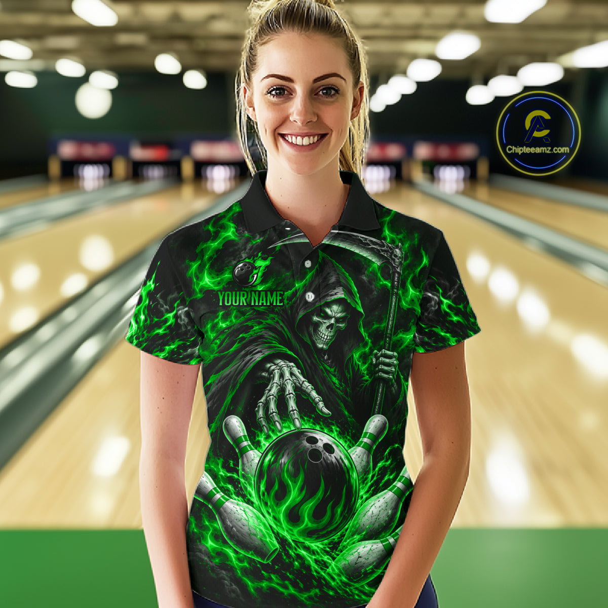 Personalized Green Grim Reaper Flaming Bowling Ball Polo Shirt, Flaming Skull Bowling Team Jersey Women NHT1529