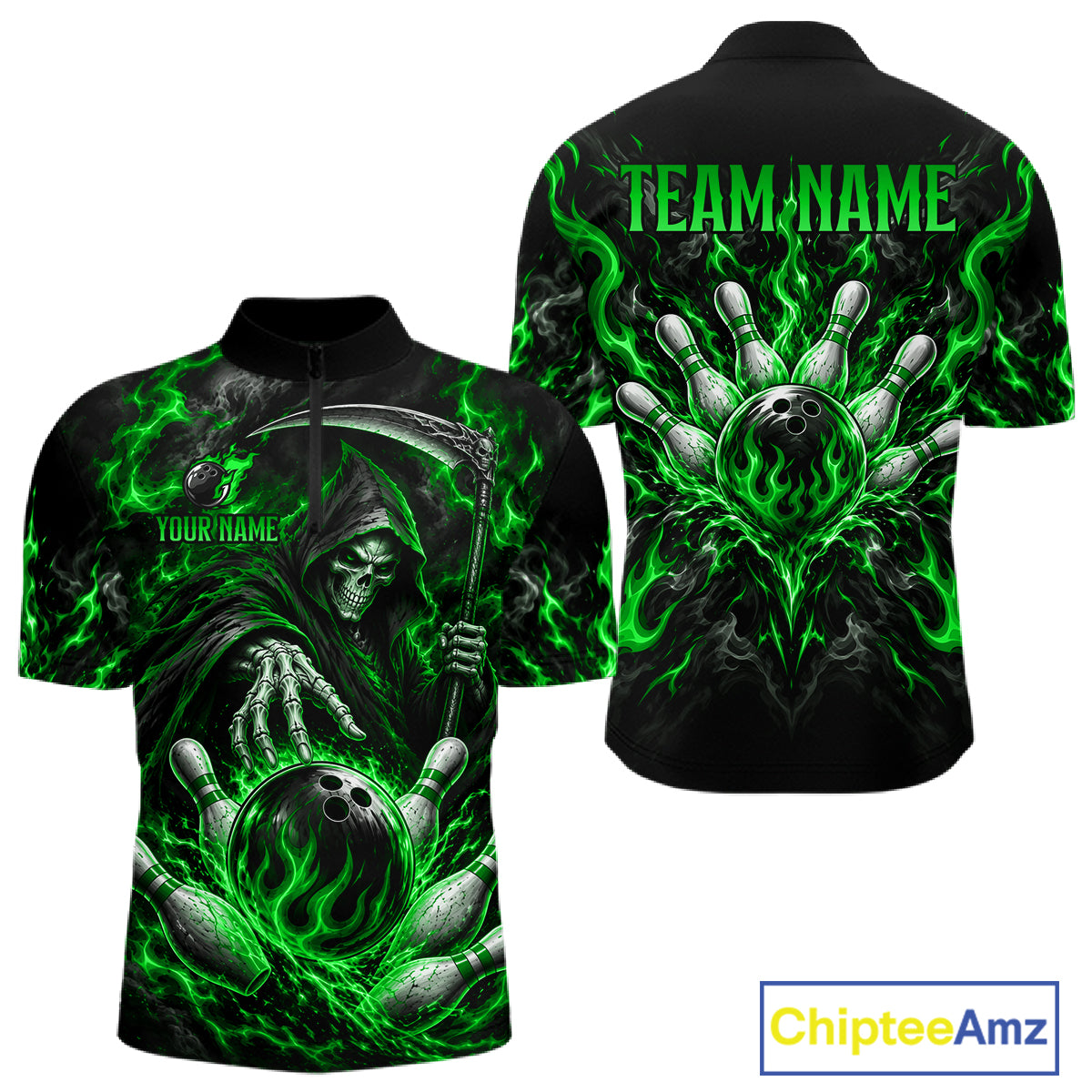 Personalized Green Grim Reaper Flaming Bowling Ball Polo Shirt, Flaming Skull Bowling Team Jersey Men NHT1529