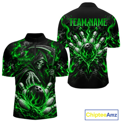 Personalized Green Grim Reaper Flaming Bowling Ball Polo Shirt, Flaming Skull Bowling Team Jersey Men NHT1529