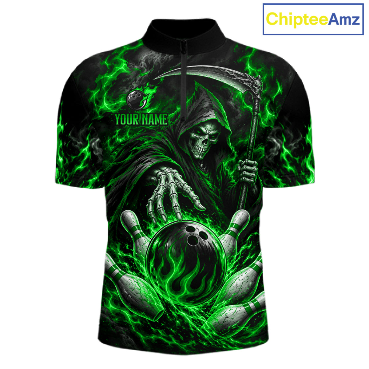 Personalized Green Grim Reaper Flaming Bowling Ball Polo Shirt, Flaming Skull Bowling Team Jersey Men NHT1529