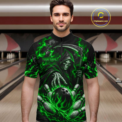 Personalized Green Grim Reaper Flaming Bowling Ball Polo Shirt, Flaming Skull Bowling Team Jersey Men NHT1529