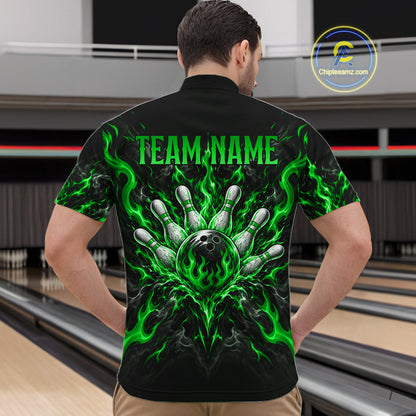 Personalized Green Grim Reaper Flaming Bowling Ball Polo Shirt, Flaming Skull Bowling Team Jersey Men NHT1529