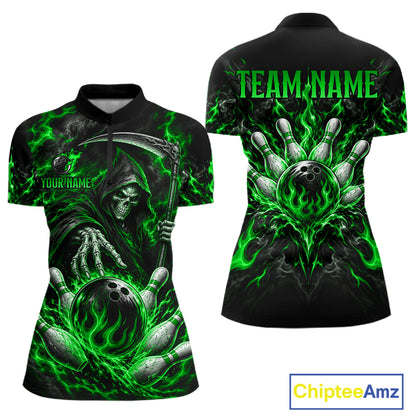 Personalized Green Grim Reaper Flaming Bowling Ball Polo Shirt, Flaming Skull Bowling Team Jersey Women NHT1529