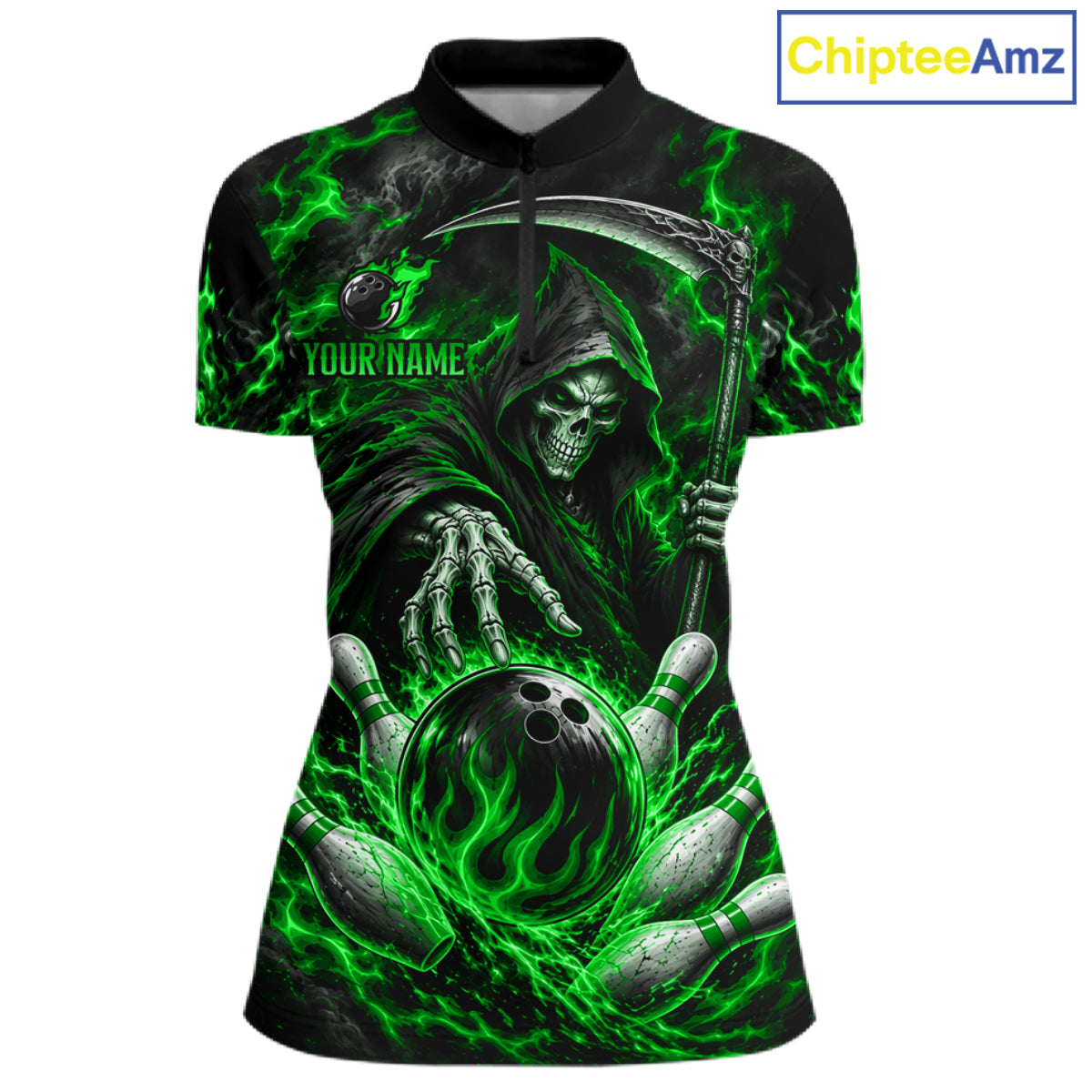 Personalized Green Grim Reaper Flaming Bowling Ball Polo Shirt, Flaming Skull Bowling Team Jersey Women NHT1529