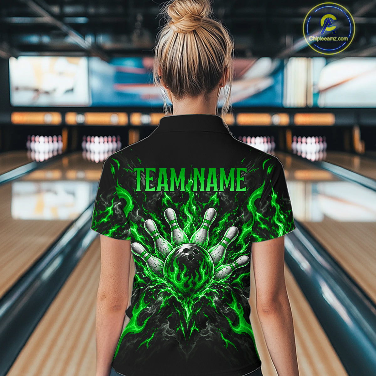 Personalized Green Grim Reaper Flaming Bowling Ball Polo Shirt, Flaming Skull Bowling Team Jersey Women NHT1529