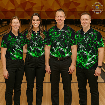 Personalized Green Grim Reaper Flaming Bowling Ball Polo Shirt, Flaming Skull Bowling Team Jersey Men NHT1529