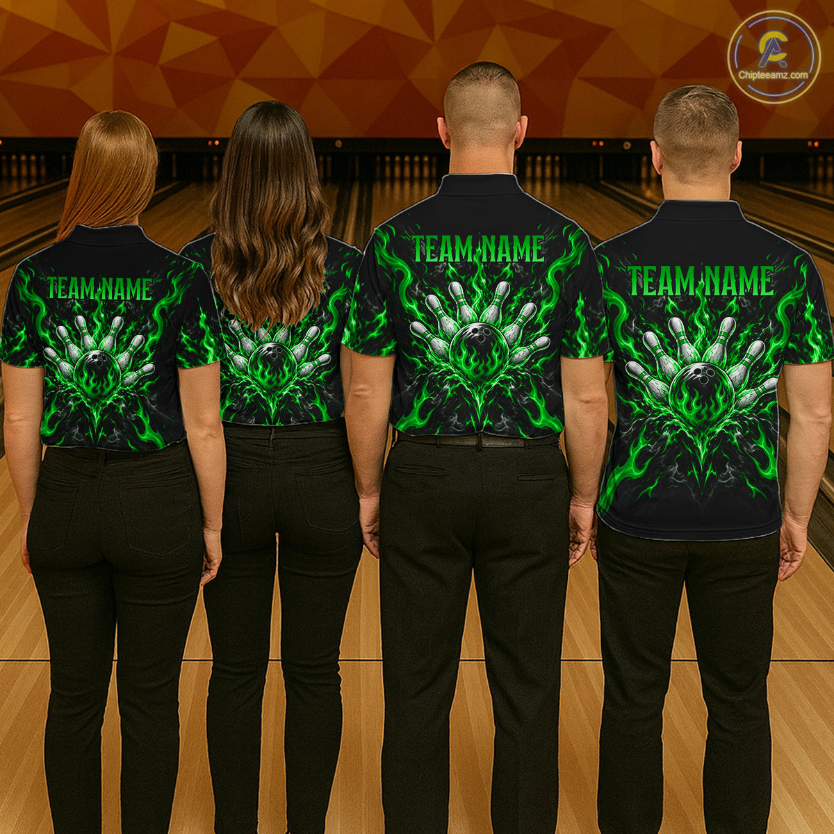 Personalized Green Grim Reaper Flaming Bowling Ball Polo Shirt, Flaming Skull Bowling Team Jersey Men NHT1529