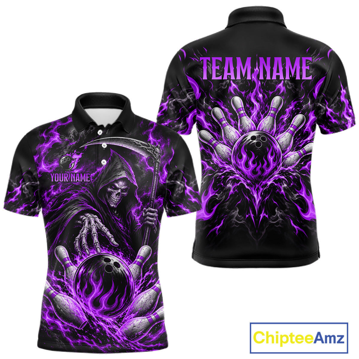 Personalized Purple Grim Reaper Flaming Bowling Ball Polo Shirt, Flaming Skull Bowling Team Jersey Men NHT1530