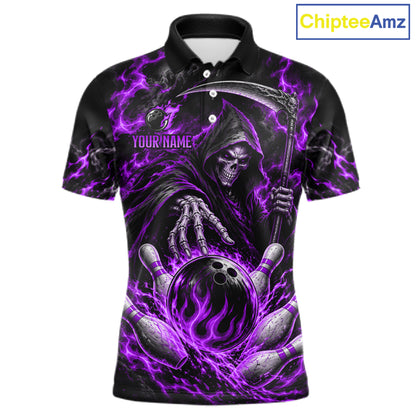 Personalized Purple Grim Reaper Flaming Bowling Ball Polo Shirt, Flaming Skull Bowling Team Jersey Men NHT1530