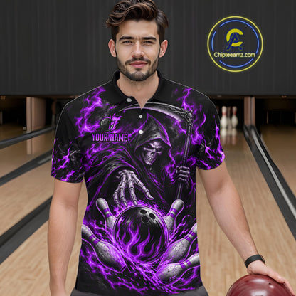 Personalized Purple Grim Reaper Flaming Bowling Ball Polo Shirt, Flaming Skull Bowling Team Jersey Men NHT1530