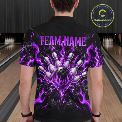 Personalized Purple Grim Reaper Flaming Bowling Ball Polo Shirt, Flaming Skull Bowling Team Jersey Men NHT1530