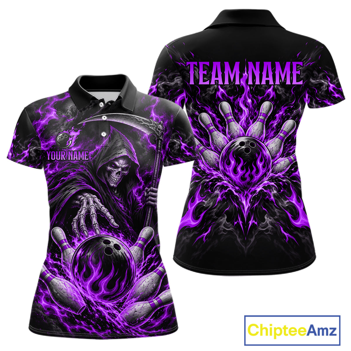 Personalized Purple Grim Reaper Flaming Bowling Ball Polo Shirt, Flaming Skull Bowling Team Jersey Women NHT1530
