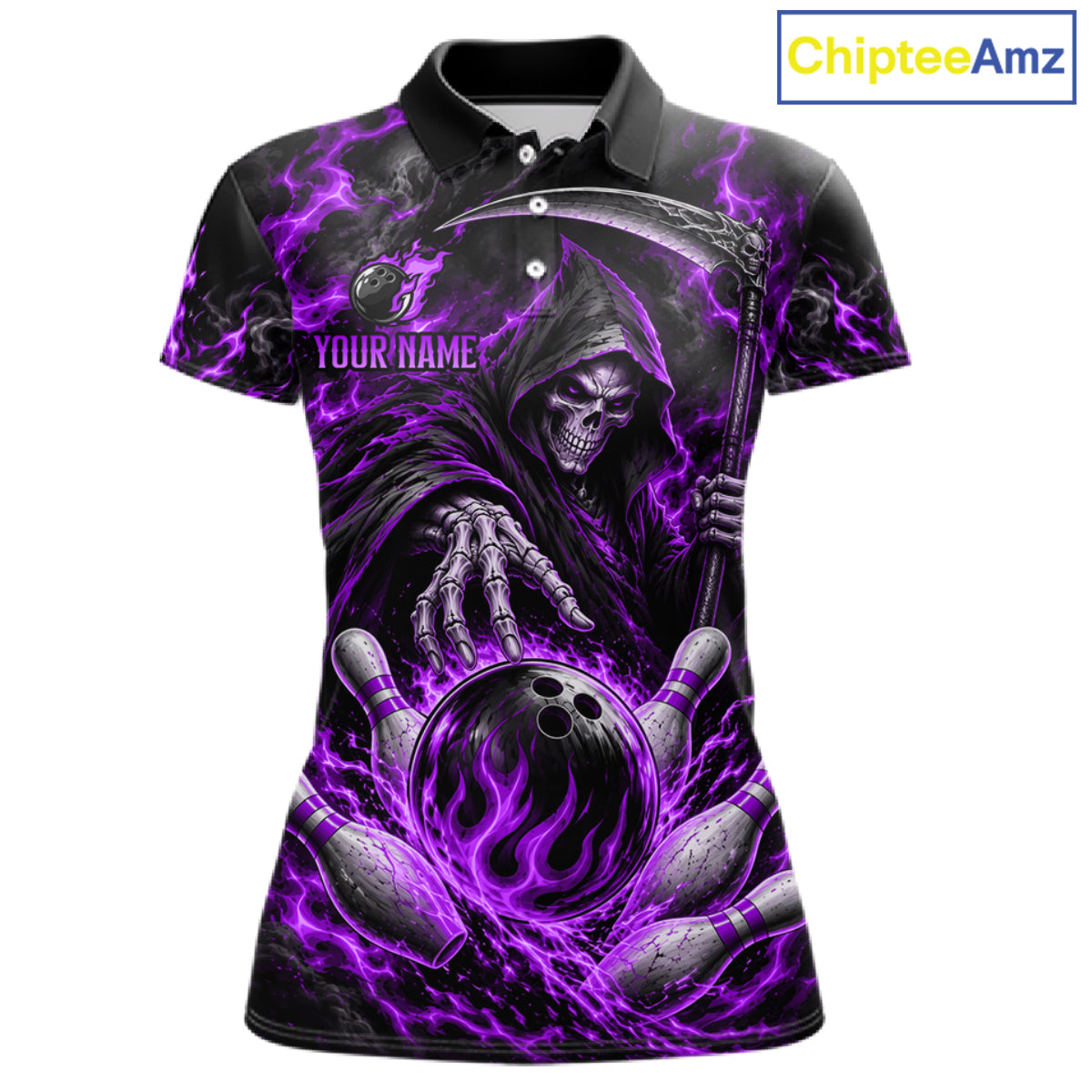 Personalized Purple Grim Reaper Flaming Bowling Ball Polo Shirt, Flaming Skull Bowling Team Jersey Women NHT1530