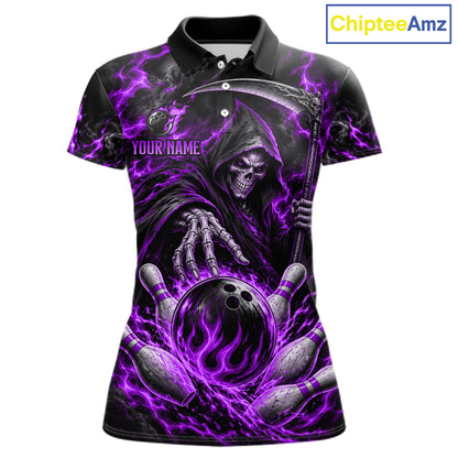 Personalized Purple Grim Reaper Flaming Bowling Ball Polo Shirt, Flaming Skull Bowling Team Jersey Women NHT1530