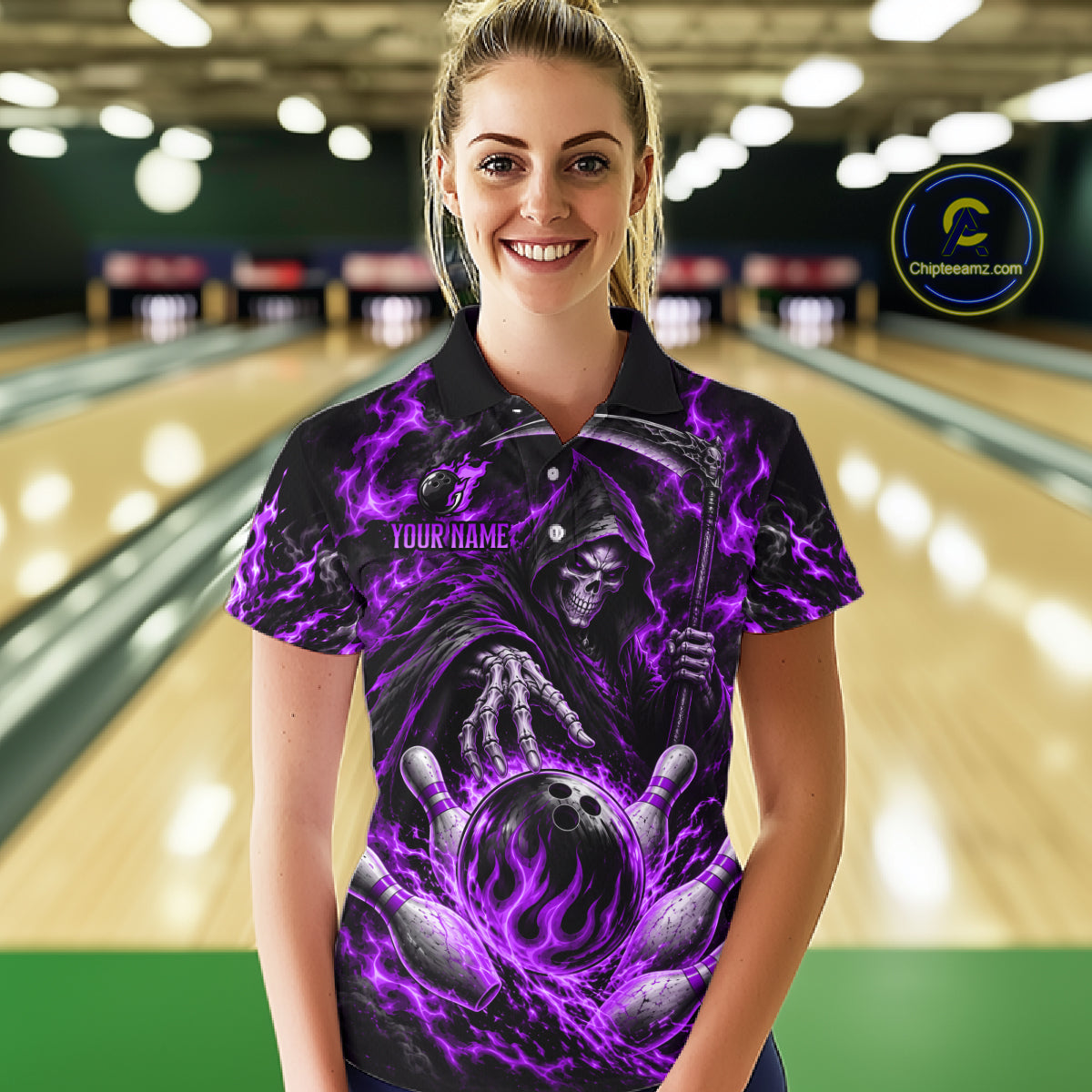 Personalized Purple Grim Reaper Flaming Bowling Ball Polo Shirt, Flaming Skull Bowling Team Jersey Women NHT1530