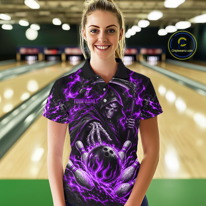 Personalized Purple Grim Reaper Flaming Bowling Ball Polo Shirt, Flaming Skull Bowling Team Jersey Women NHT1530