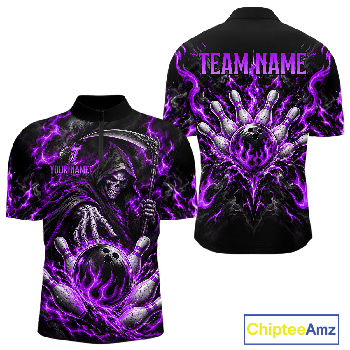 Personalized Purple Grim Reaper Flaming Bowling Ball Polo Shirt, Flaming Skull Bowling Team Jersey Men NHT1530