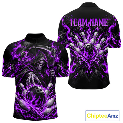 Personalized Purple Grim Reaper Flaming Bowling Ball Polo Shirt, Flaming Skull Bowling Team Jersey Men NHT1530