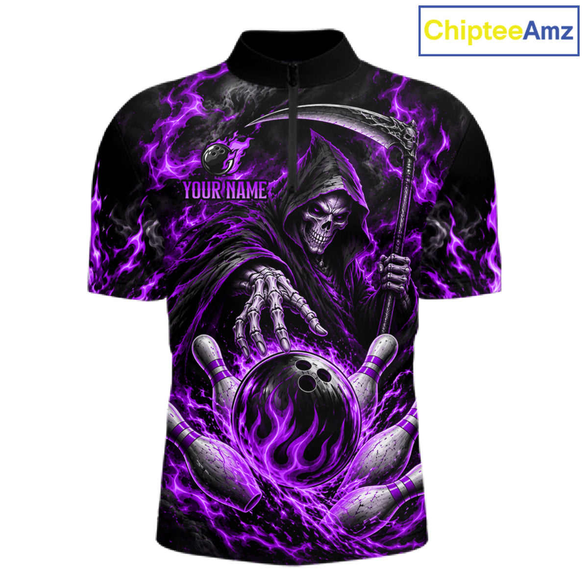 Personalized Purple Grim Reaper Flaming Bowling Ball Polo Shirt, Flaming Skull Bowling Team Jersey Men NHT1530