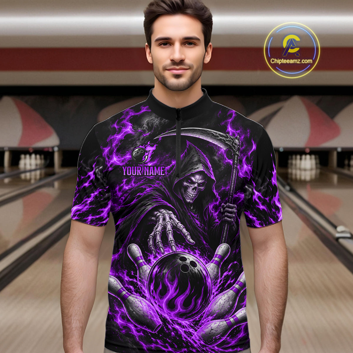 Personalized Purple Grim Reaper Flaming Bowling Ball Polo Shirt, Flaming Skull Bowling Team Jersey Men NHT1530