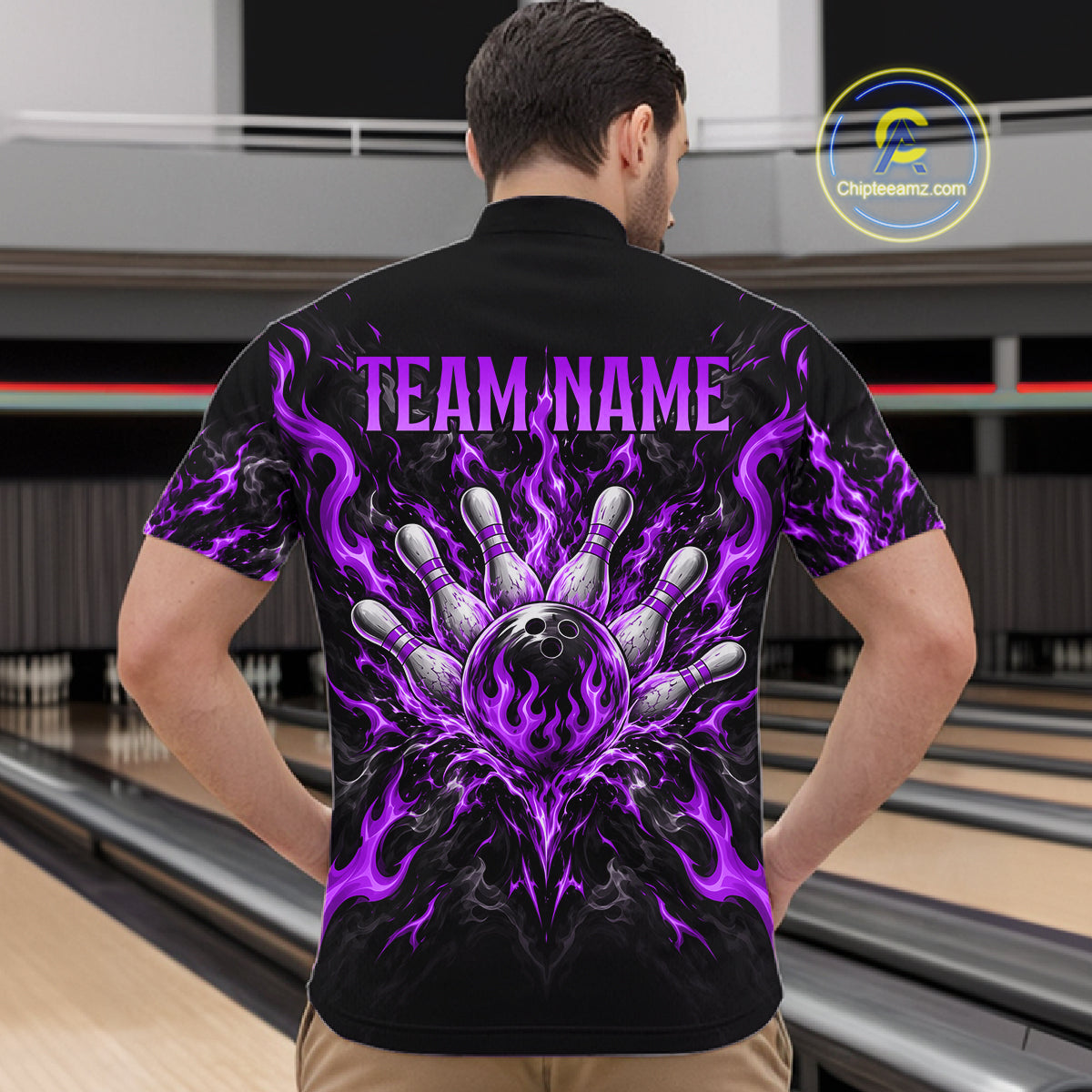 Personalized Purple Grim Reaper Flaming Bowling Ball Polo Shirt, Flaming Skull Bowling Team Jersey Men NHT1530