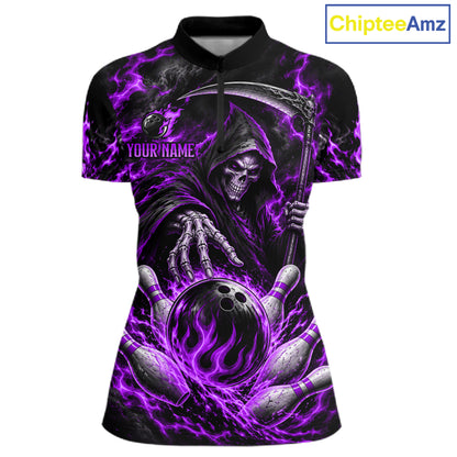 Personalized Purple Grim Reaper Flaming Bowling Ball Polo Shirt, Flaming Skull Bowling Team Jersey Women NHT1530