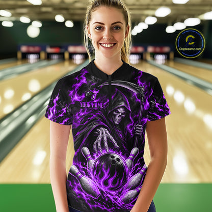 Personalized Purple Grim Reaper Flaming Bowling Ball Polo Shirt, Flaming Skull Bowling Team Jersey Women NHT1530