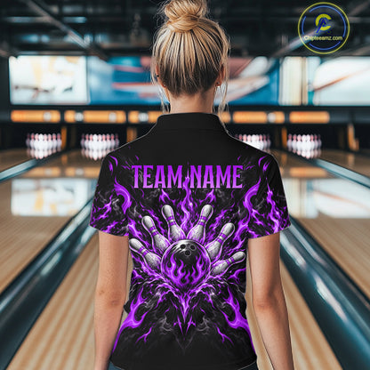 Personalized Purple Grim Reaper Flaming Bowling Ball Polo Shirt, Flaming Skull Bowling Team Jersey Women NHT1530