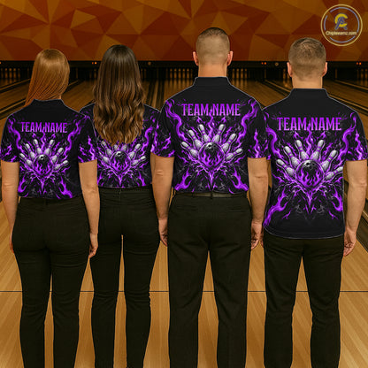 Personalized Purple Grim Reaper Flaming Bowling Ball Polo Shirt, Flaming Skull Bowling Team Jersey Men NHT1530