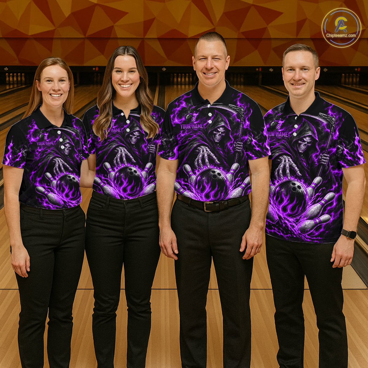 Personalized Purple Grim Reaper Flaming Bowling Ball Polo Shirt, Flaming Skull Bowling Team Jersey Men NHT1530