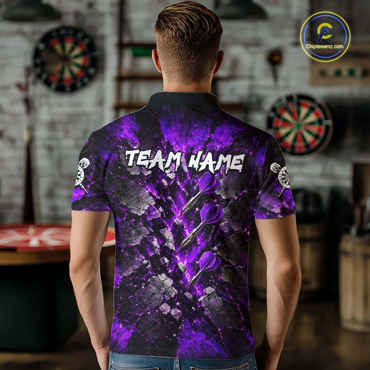 Purple Lightning Darts Polo Shirt For Men Custom Crack Rock Dartboard Team Tournament Jersey NHT1713