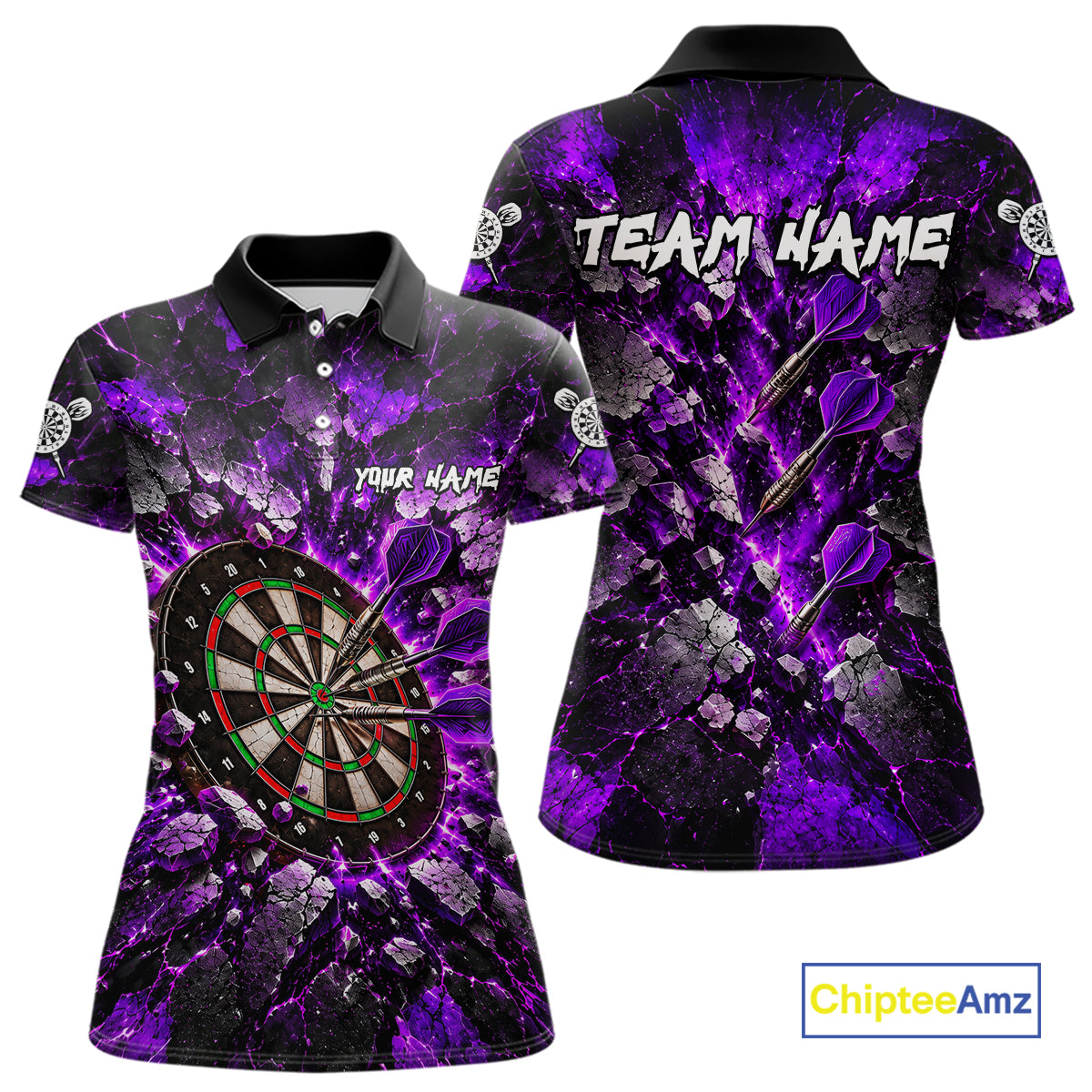 Purple Lightning Darts Polo Shirt For Women Custom Crack Rock Dartboard Team Tournament Jersey NHT1713