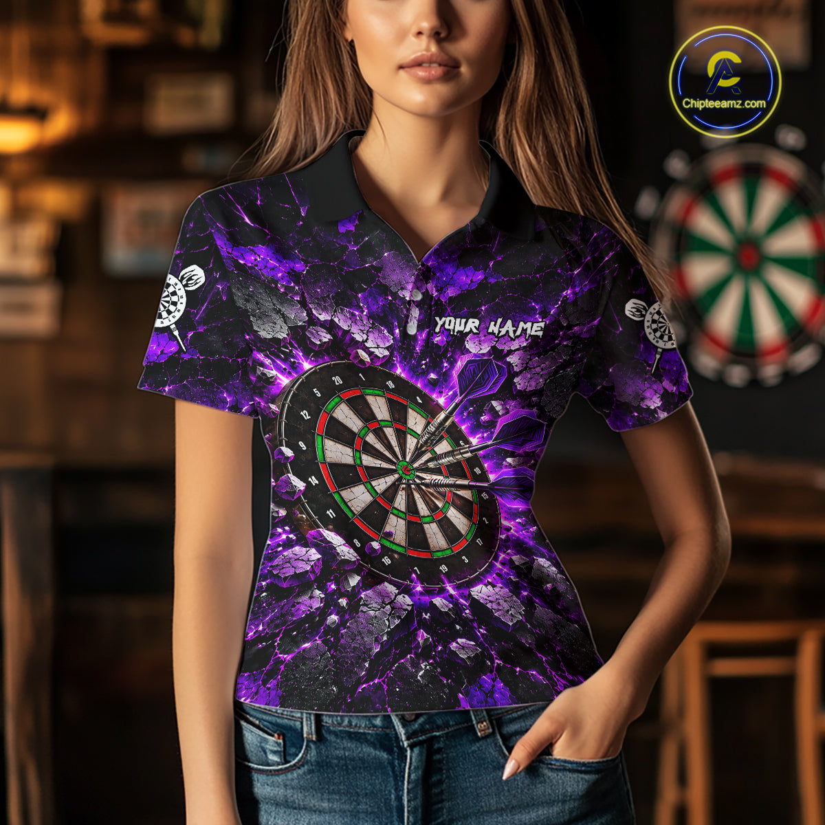 Purple Lightning Darts Polo Shirt For Women Custom Crack Rock Dartboard Team Tournament Jersey NHT1713