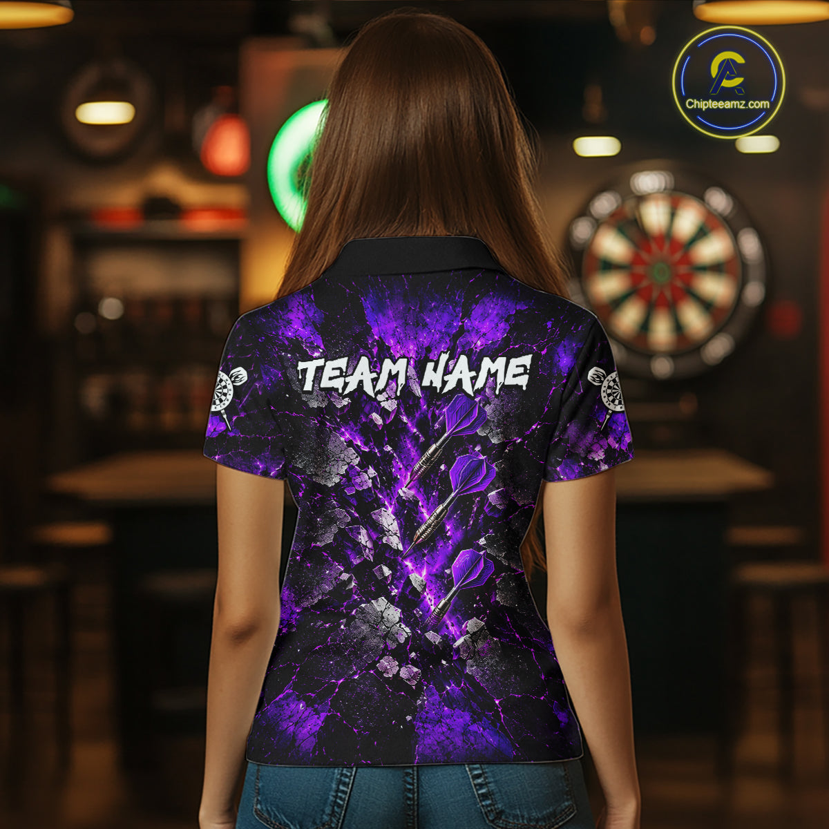 Purple Lightning Darts Polo Shirt For Women Custom Crack Rock Dartboard Team Tournament Jersey NHT1713