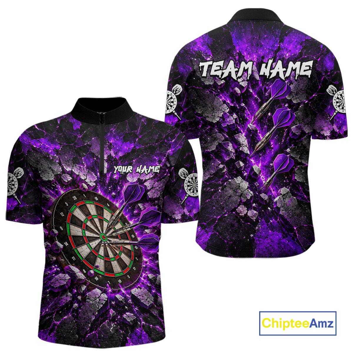 Purple Lightning Darts Polo Shirt For Men Custom Crack Rock Dartboard Team Tournament Jersey NHT1713