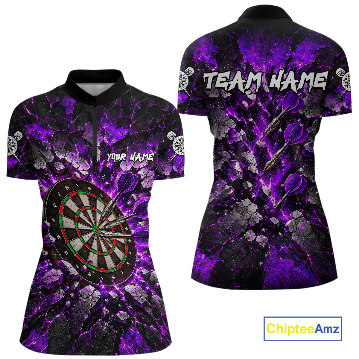 Purple Lightning Darts Polo Shirt For Women Custom Crack Rock Dartboard Team Tournament Jersey NHT1713