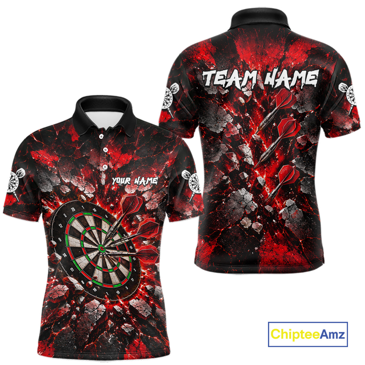 Red Lightning Darts Polo Shirt For Men Custom Crack Rock Dartboard Team Tournament Jersey NHT1714