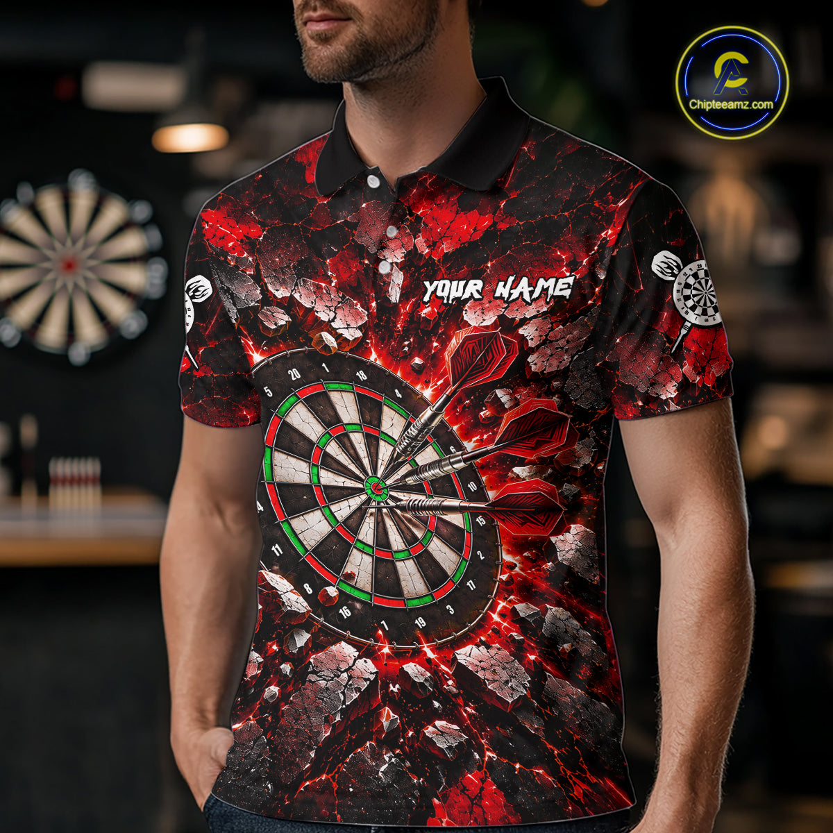Red Lightning Darts Polo Shirt For Men Custom Crack Rock Dartboard Team Tournament Jersey NHT1714