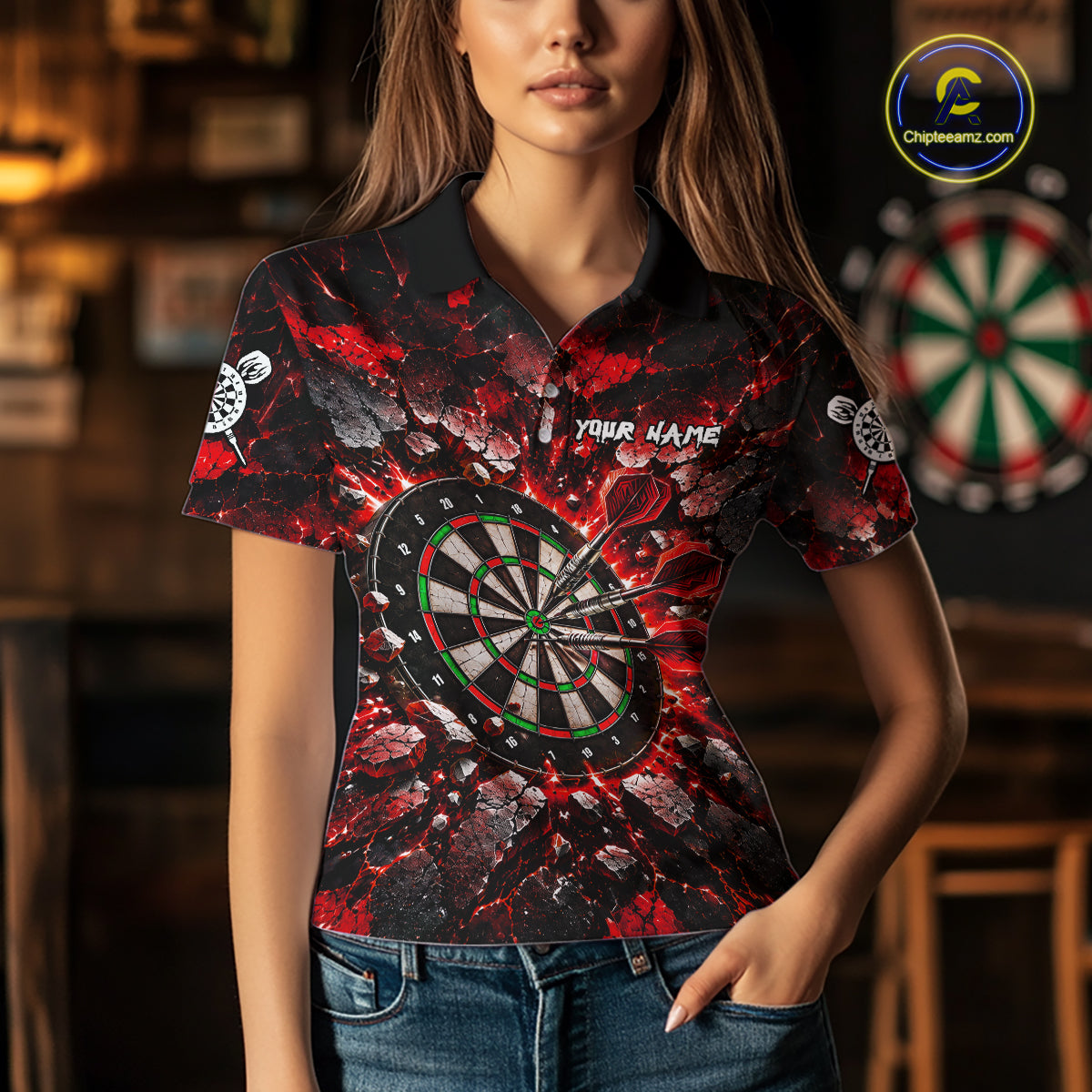 Red Lightning Darts Polo Shirt For Women Custom Crack Rock Dartboard Team Tournament Jersey NHT1714