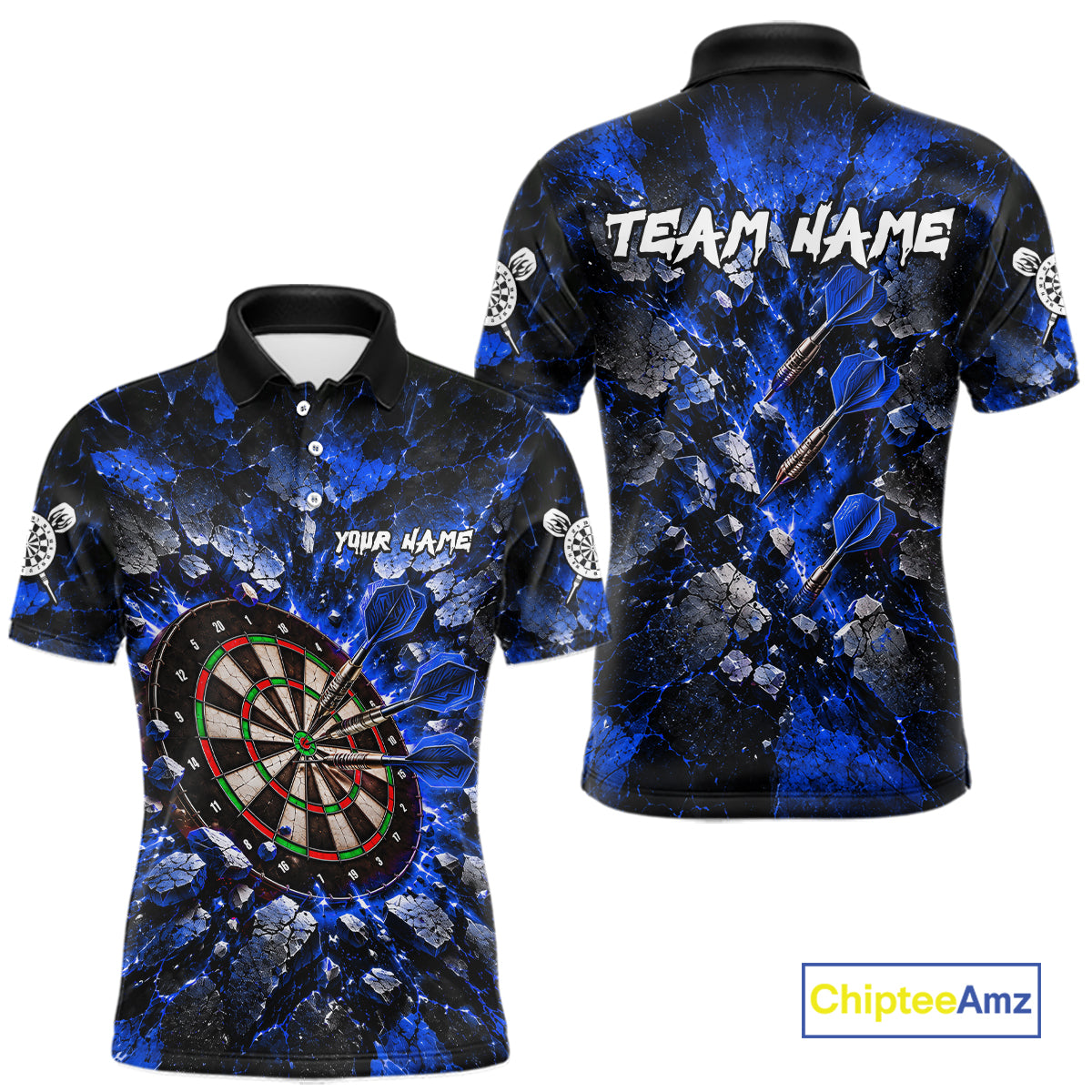 Blue Lightning Darts Polo Shirt For Men Custom Crack Rock Dartboard Team Tournament Jersey NHT1715